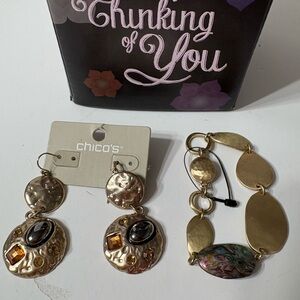 Chico's Gold and Brown Earrings with Gem Accents